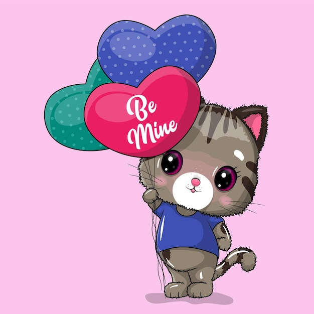 Lindo Gato Con Corazones De Globos Para San Valentin Vector Premium