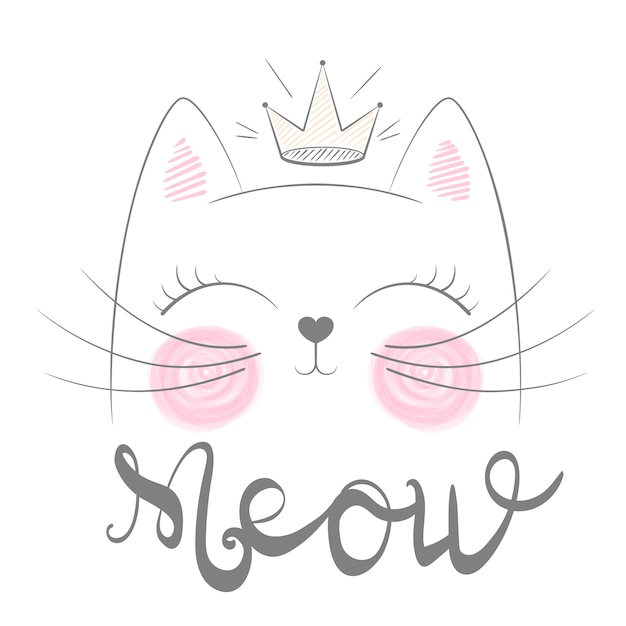 Lindo gato miau ilustración. divertida princesa y corona para imprimir camiseta. estilo dibujado a mano. Vector Premium