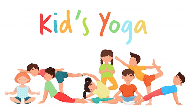 Lindo grupo de niños de yoga Vector Premium 