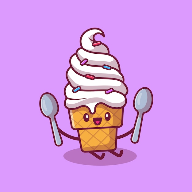 Lindo Helado Sentado Y Sosteniendo Cucharas Icono De Dibujos Animados