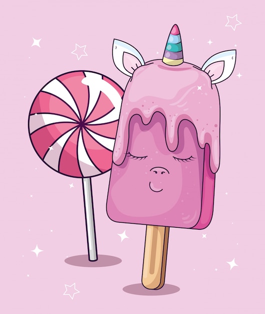 Lindo Helado De Unicornio Kawaii Con Ilustración De Piruleta Vector