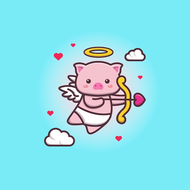 Lindo Kawaii Cupido Bebe Cerdo Angeles Doodle Dibujo Vector Premium