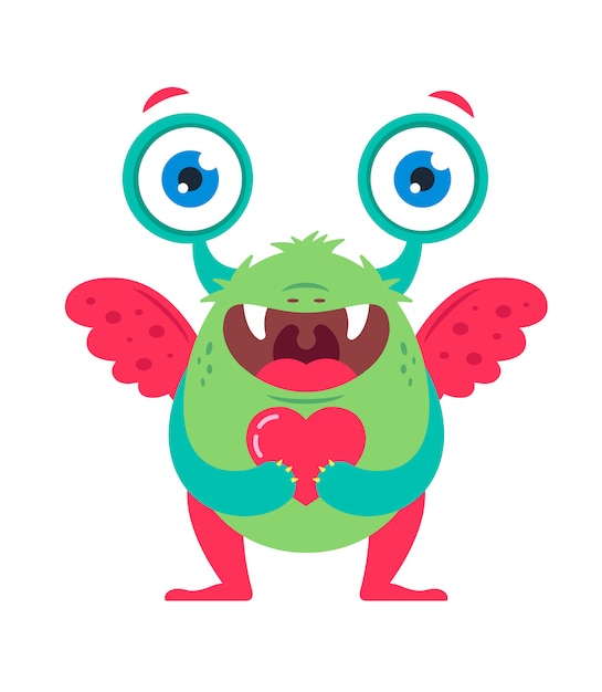 Lindo monstruo verde con un corazón en sus manos esperando a un ser querido. Vector Premium