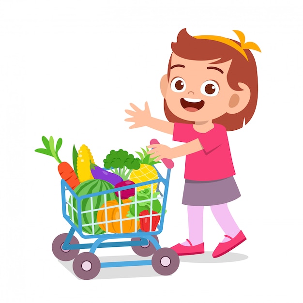 Lindo niño feliz comprando frutas y verduras | Vector Premium