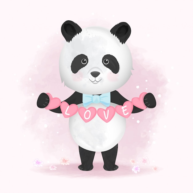 Lindo Panda Con Coraz N Dibujado A Mano Ilustraci N De Dibujos Animados