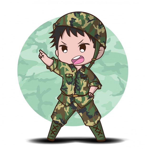 Lindo Soldado Del Ejército Niño De Dibujos Animados Vector Premium