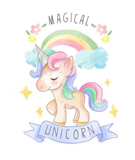 Lindo Unicornio Con Cinta Y Colorida Ilustracion Del Arco Iris Vector Premium