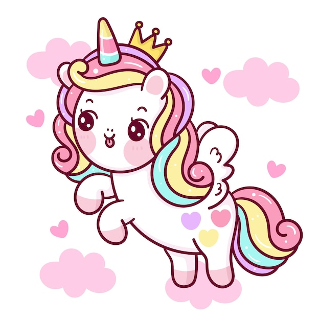 Lindo Unicornio De Dibujos Animados Princesa Pegaso En Nube Kawaii 