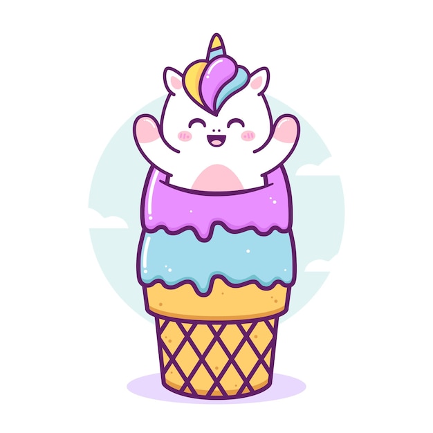 Lindo Unicornio Feliz Jugando En El Helado Vector Premium