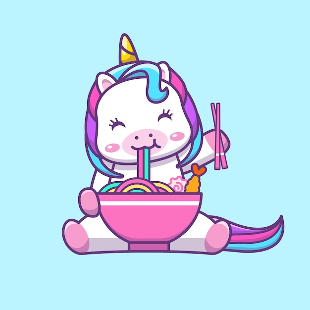 Lindo Unicornio Kawaii Comiendo Ilustracion De Dibujos Animados De Fideos Ramen Arco Iris Vector Premium