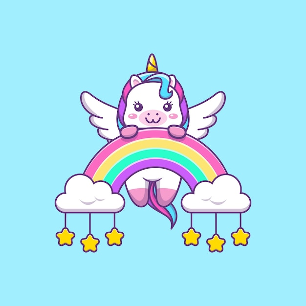 Lindo Unicornio Kawaii Con Nubes Arcoiris Y Estrellas Ilustracion De Dibujos Animados Vector Premium