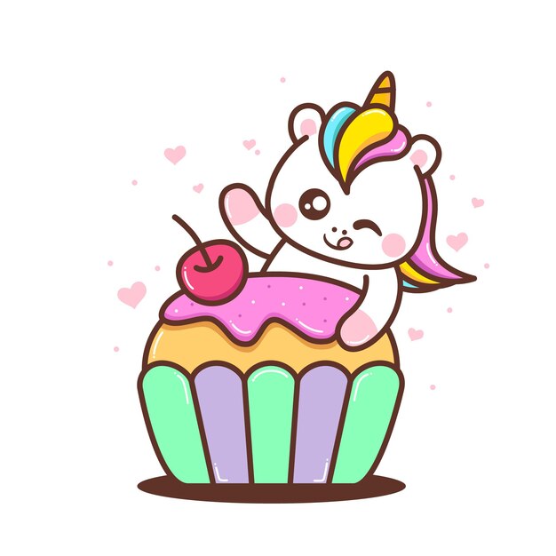 Lindo Unicornio Con Lindo Cupcake Vector Premium