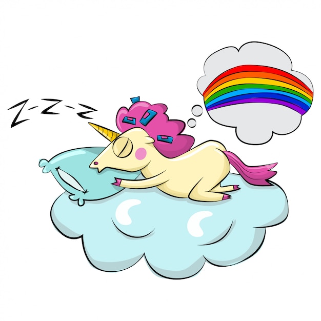 Lindo Unicornio Mágico Con Cabello Rosado Durmiendo En Una Nube Y