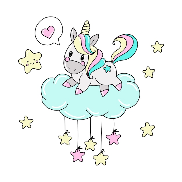 Lindo Unicornio En Una Nube Con Estrellas Ilustracion Vectorial Vector Premium