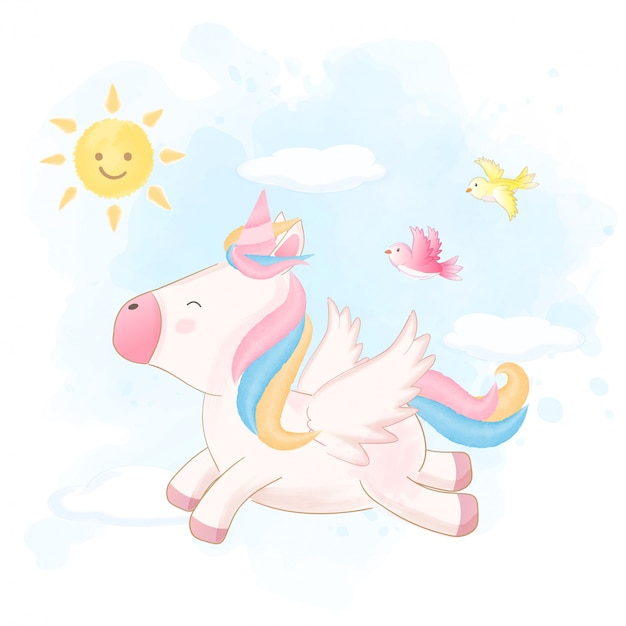 Lindo Unicornio Volando En El Cielo Dibujado A Mano | Vector Premium