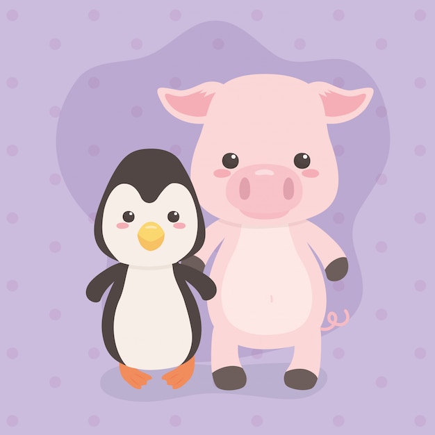 Lindos Y Pequenos Pinguinos Y Personajes De Cerdo Vector