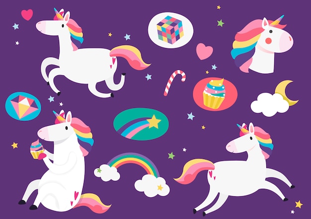 Lindos unicornios con el elemento mágico pegatinas vector vector gratuito