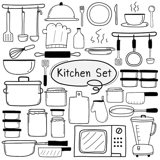 Línea de cocina dibujada a mano doodle set | Vector Premium