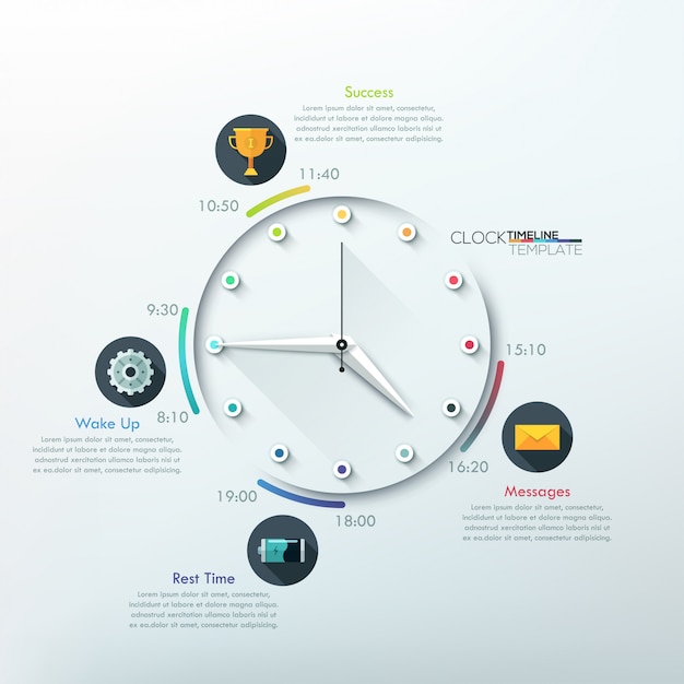 Línea de tiempo infografía moderna con reloj minimalista