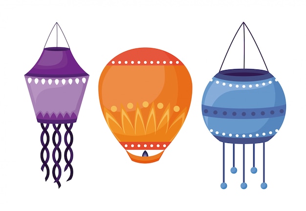 Linternas colgando iconos del festival de diwali vector gratuito