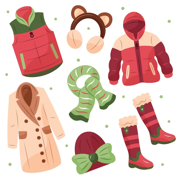 Lo esencial y ropa de invierno dibujada a mano. | Vector Gratis