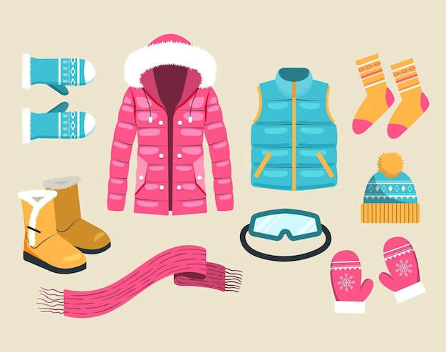 Lo esencial y ropa de invierno dibujada a mano. | Vector Gratis