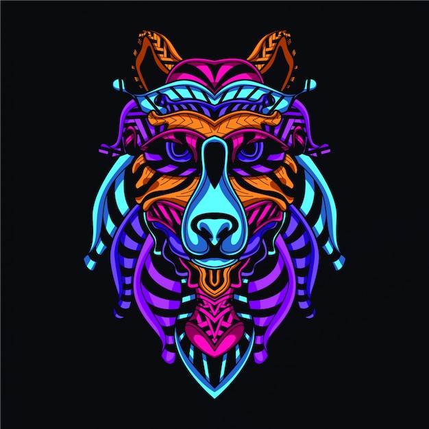 Lobo decorativo en color neón resplandor. Vector Premium