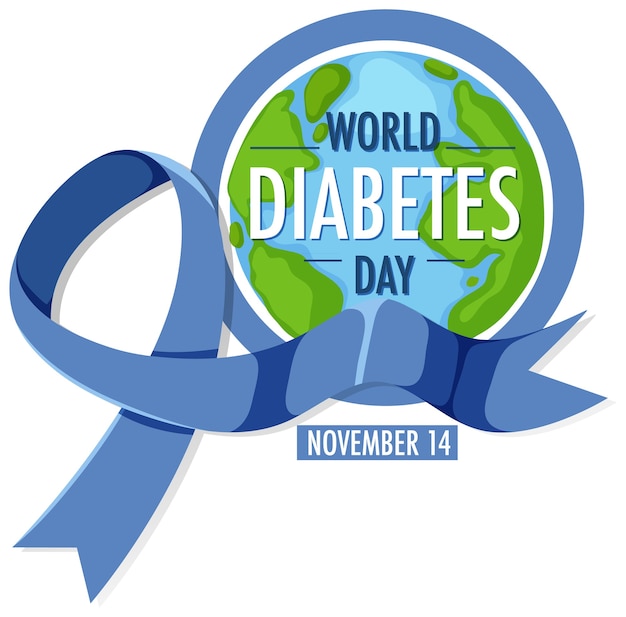 Logotipo del día mundial de la diabetes o banner con cinta azul y globo