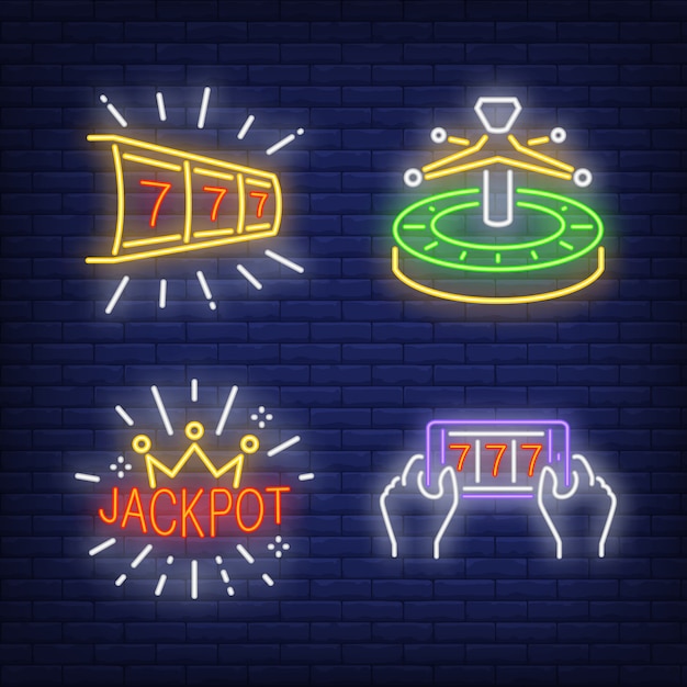 Lucky Siete Ruleta Y Jackpot Letreros De Neon Establecidos Vector Gratis