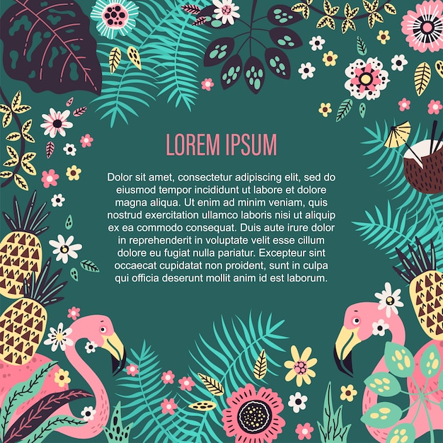 Lugar para la plantilla de texto rodeado de vectores de frutas tropicales, plantas y flores. Vector Premium