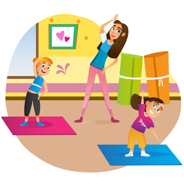 Madre de dibujos animados con niños haciendo ejercicio en estera | Vector Premium