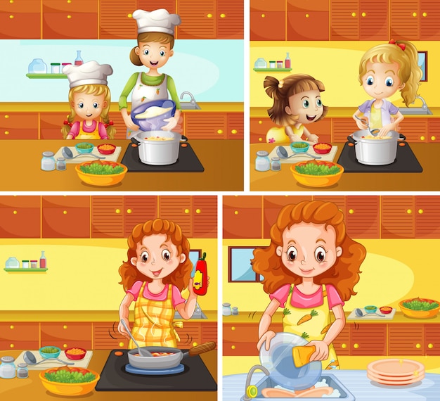 Madre e hija cocinando y limpiando vector gratuito