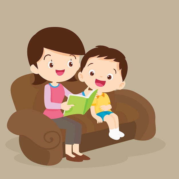 Madre e hijo leyendo juntos | Vector Premium