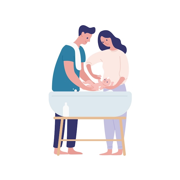 Madre Y Padre Banando Bebe Ilustracion Vectorial Plana Crianza De Los Hijos Familia Junto Aislado Sobre