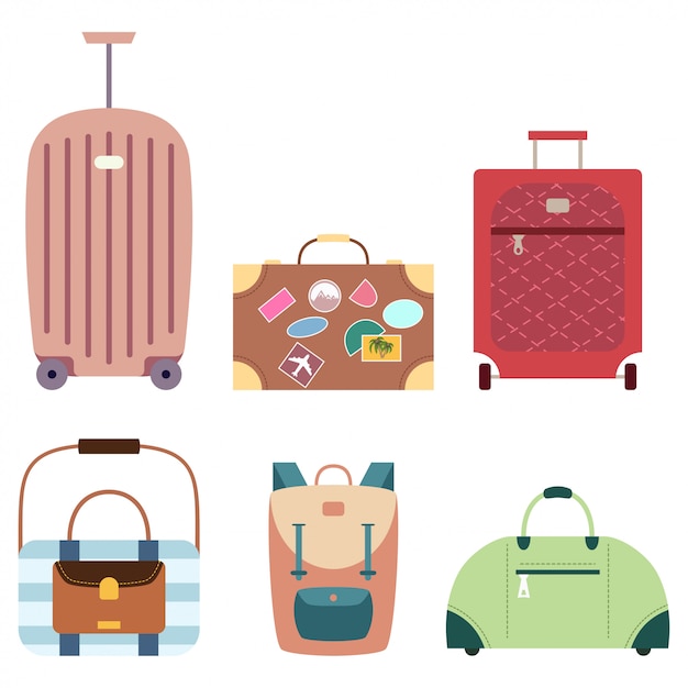 protiv fer obrazac  Maleta y bolsas de viaje vector conjunto de iconos de equipaje plano de  dibujos animados aislados | Vector Premium