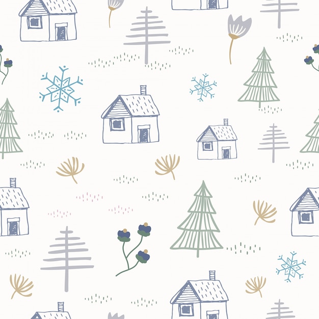 La mano dibujada casa y árbol de navidad de patrones sin fisuras Vector Premium