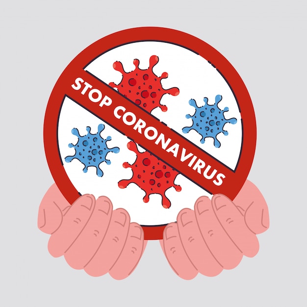 Manos con icono de células de coronavirus en signo prohibido ...