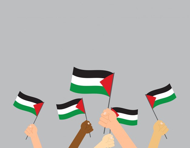 Manos Sosteniendo Banderas De Palestina Vector Premium