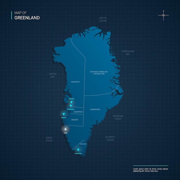 Mapa De Groenlandia Con Puntos De Luz De Neon Azul Triangulo En Degradado Azul Oscuro Vector Premium