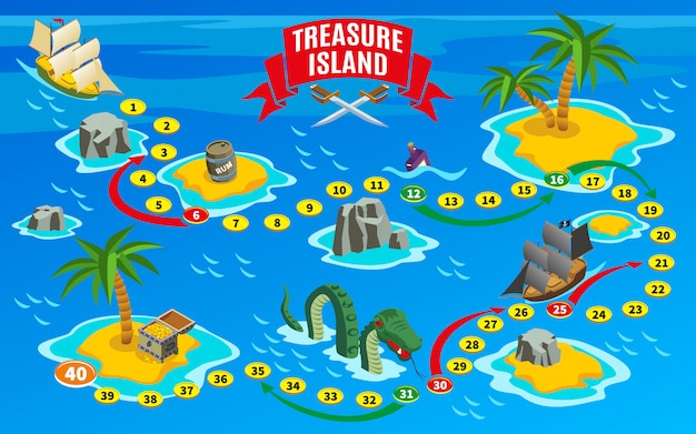 Mapa isométrico del juego de mesa piratas vector gratuito