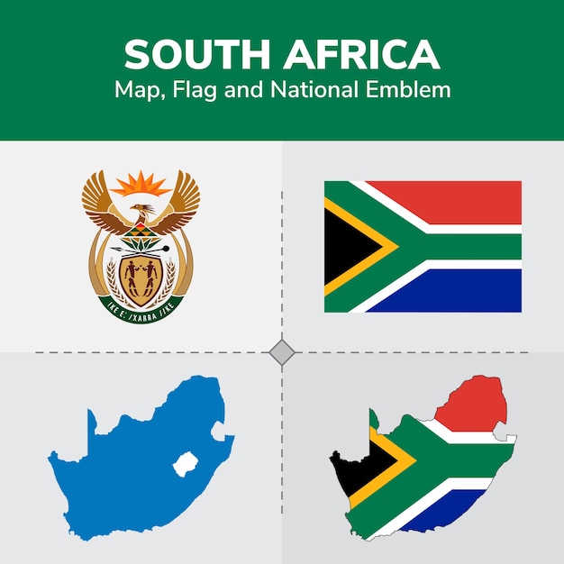 Mapa de sudáfrica, bandera y emblema nacional | Vector Premium