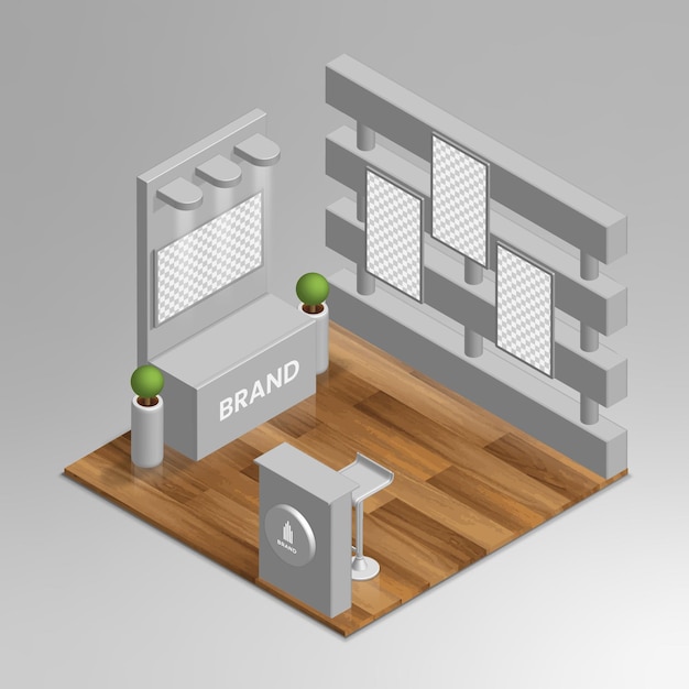 Maqueta de stand de exhibición vector isométrico 3d Vector Premium