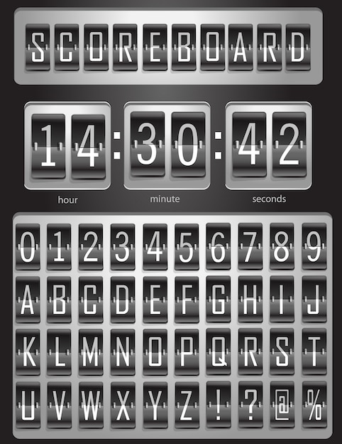 Marcador Tabla Deportiva Con Un Conjunto Completo De Alfabeto Ingles Y Numeros Del 1 Al 9 En Colores Blanco Y Negro Ilustracion Vector Premium