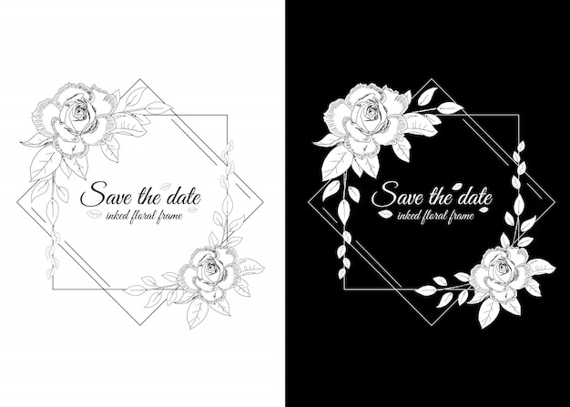 Marco Floral Entintado En Blanco Y Negro Con Rosas Vector Premium