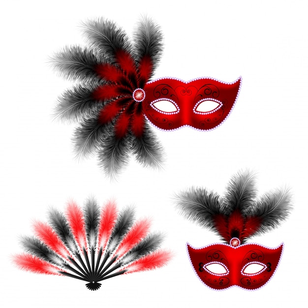 máscara veneciana del carnaval rojo abanico de plumas de mascarada