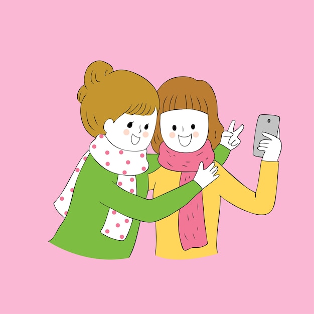 Download Los mejores amigos lindos del otoño de la historieta selfie juntos vector. | Vector Premium
