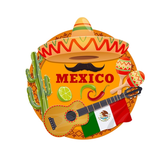 Mexico Con Sombrero Mexicano Sombrero Guitarra Y Maracas Chiles O Chiles Jalapenos Cactus Bandera Bigote Y Lima Sobre Fondo Con Adornos Etnicos Tarjeta De Felicitacion Fiesta Fiesta Mexicana Vector Premium