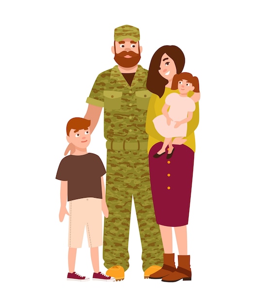 Militar Militar O Soldado Vestido Con Ropa De Camuflaje Su Esposa E Hijos Vector Premium