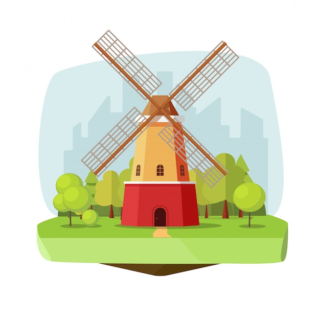 Molino de viento o granja de molinos en ilustración de vector de paisaje de  bosque de naturaleza en estilo de dibujos animados plana | Vector Premium