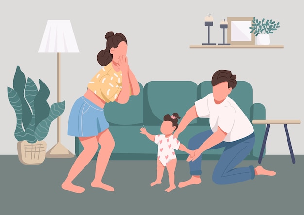 Momentos Felices Familiares Color Plano Cuidado De Ninos Y Paternidad Bebe Aprendiendo A Caminar Joven Madre